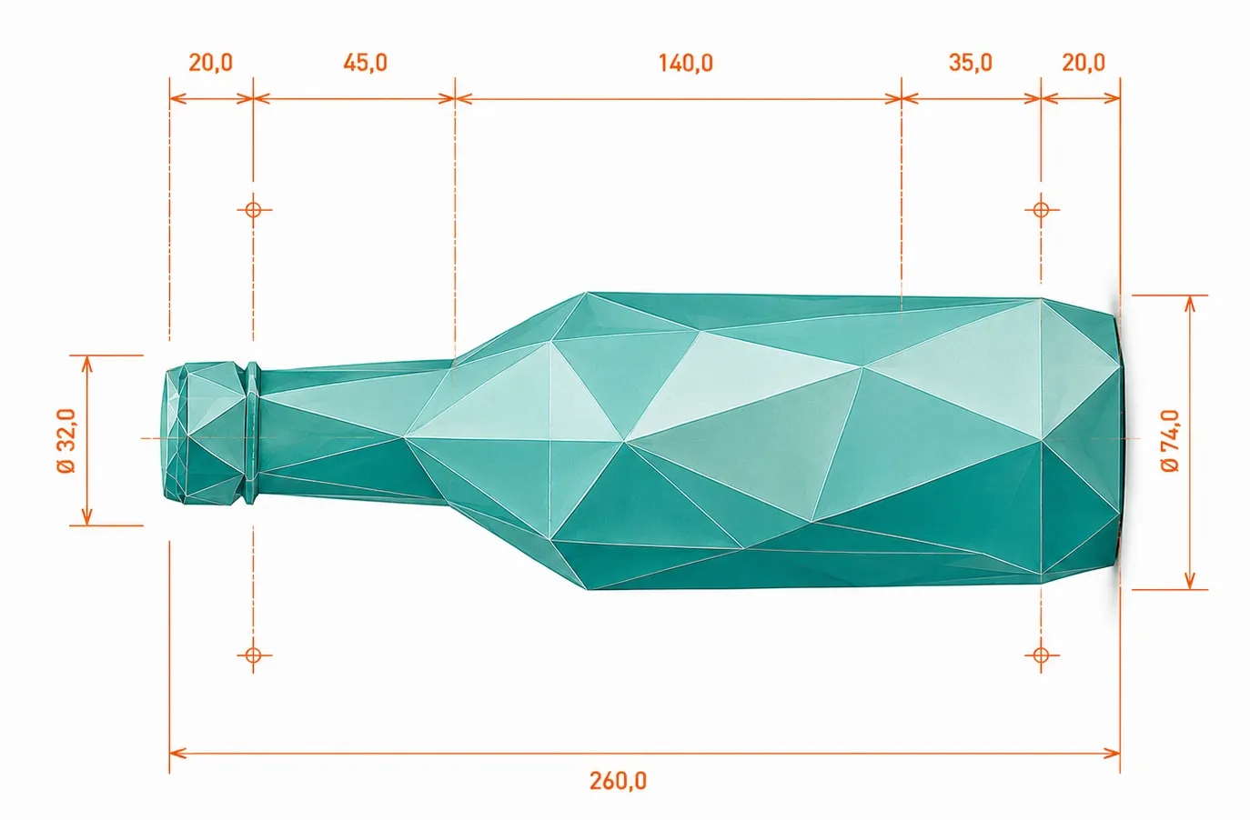 Stilisierte Glasflasche mit technischen Maßangaben als Artikelzeichnung.