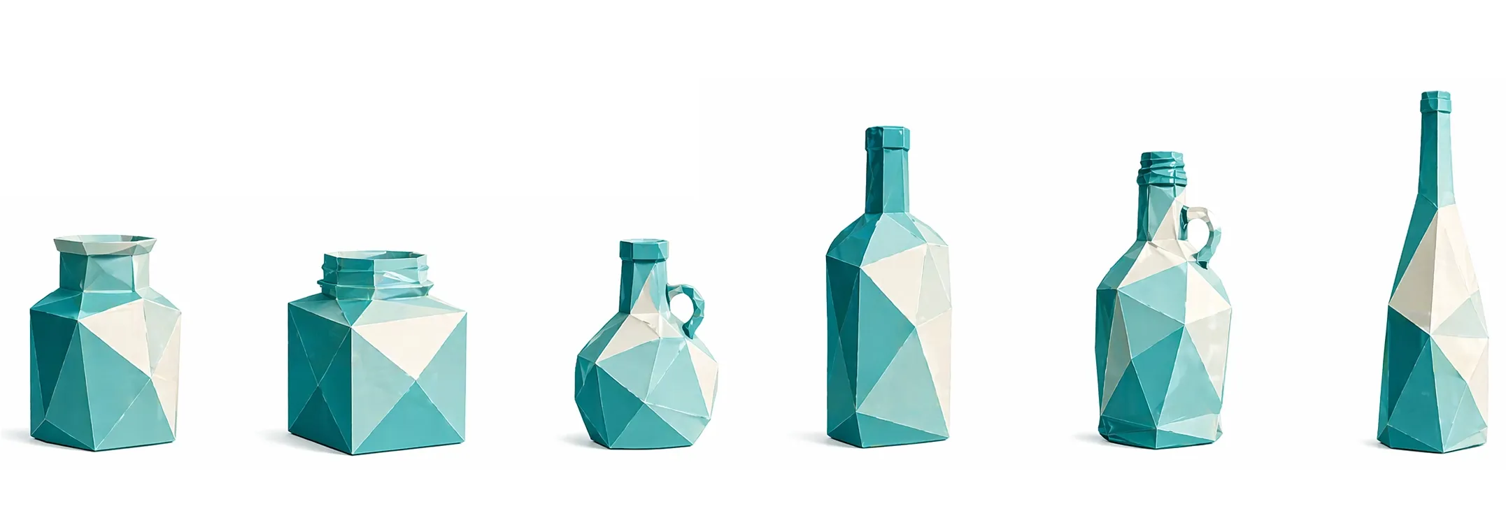 Stilisierte Glasflaschen und Gläser. Es gibt Flaschen in verschiedenen Formen, Größen und Farben, sowie Gläser mit unterschiedlichen Designs. Das Bild vermittelt die Vielfalt der Glaslösungen, die Freitaler Glas anbietet.