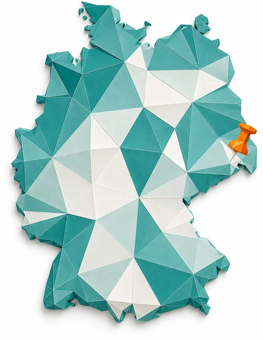 Low-Poly-Illustration einer Deutschlandkarte mit einer Pinnadel auf Freital in Sachsen bei Dresden.